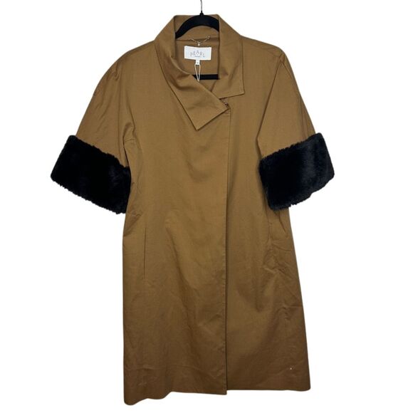 Pearl by Lela Rose Camel Twill Coat with Fur Cuffs XS Vintage Inspired $595 NWT - Picture 2 of 9